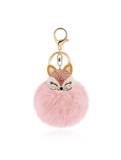 JOUDOO Rabbit Fur Ball Keychain with Rhinestone Fox Head Keyring