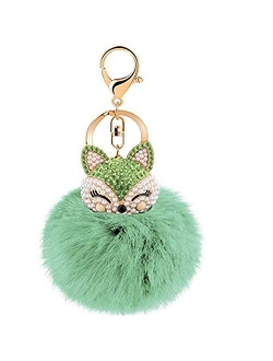 JOUDOO Rabbit Fur Ball Keychain with Rhinestone Fox Head Keyring