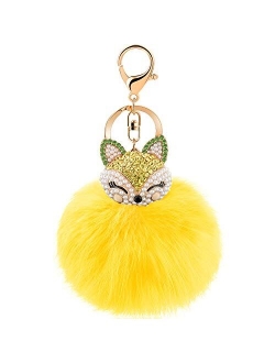 JOUDOO Rabbit Fur Ball Keychain with Rhinestone Fox Head Keyring