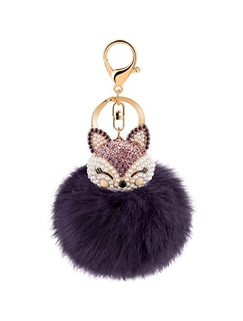 JOUDOO Rabbit Fur Ball Keychain with Rhinestone Fox Head Keyring