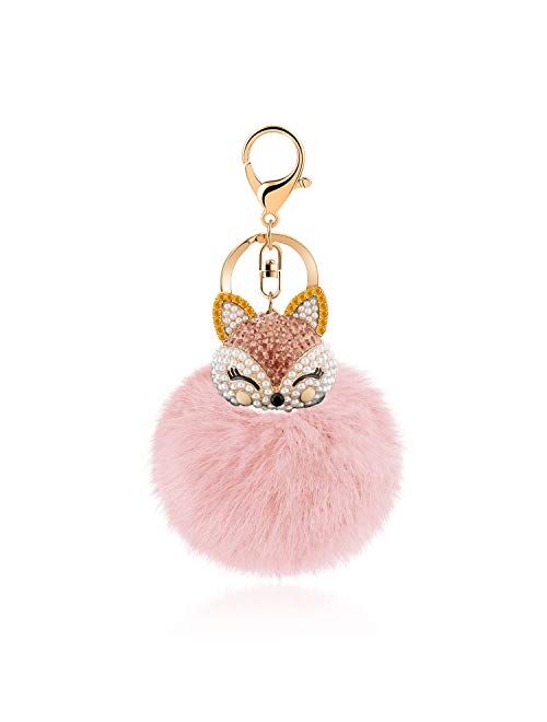 JOUDOO Rabbit Fur Ball Keychain with Rhinestone Fox Head Keyring