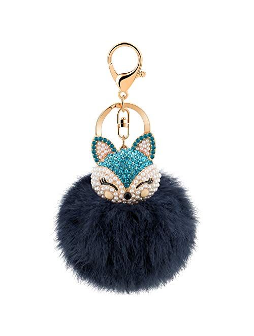 JOUDOO Rabbit Fur Ball Keychain with Rhinestone Fox Head Keyring