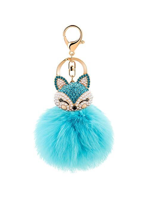 JOUDOO Rabbit Fur Ball Keychain with Rhinestone Fox Head Keyring