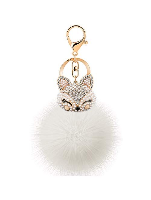 JOUDOO Rabbit Fur Ball Keychain with Rhinestone Fox Head Keyring