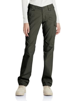 Women's Flex Stretch Tactical Pants, Water Repellent Ripstop Work Pants, Elastic Waist Straight/Cargo Pants with Pockets