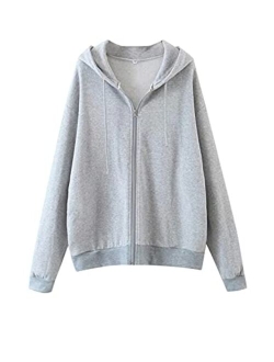 Meladyan Women Oversized Solid Zip Up Hoodie Drawstring Hooded Long Sleeve Fleece Vintage Sweatshirts Jackets Pockets 90s