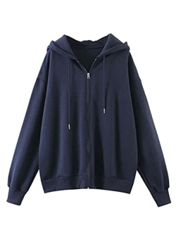 Meladyan Women Oversized Solid Zip Up Hoodie Drawstring Hooded Long Sleeve Fleece Vintage Sweatshirts Jackets Pockets 90s