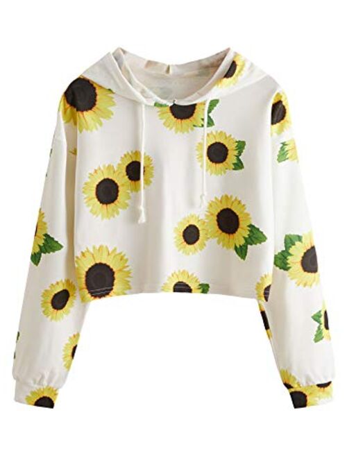 ROMWE Women's Long Sleeve Hooded Floral Print Crop Hoodie Sweatshirt