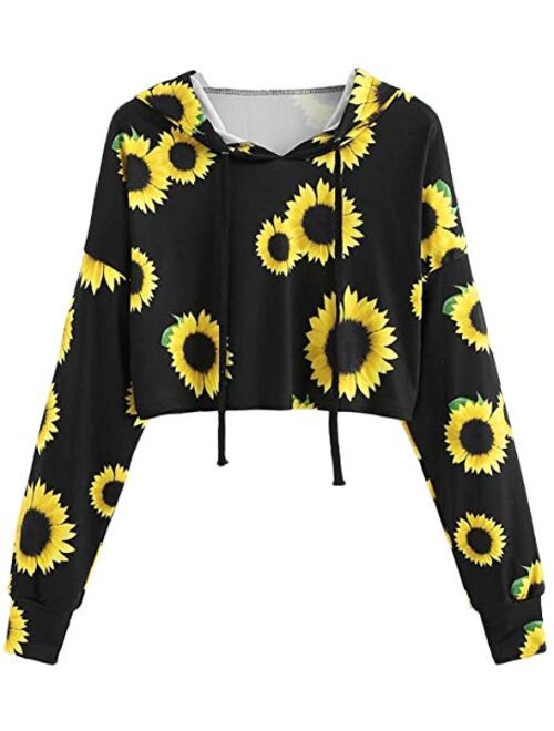 ROMWE Women's Long Sleeve Hooded Floral Print Crop Hoodie Sweatshirt