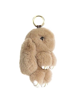 HXINFU Soft Cute Rabbit Fur Pom Pom Keychain Fluffy Real Rex Bunny Keychain Decoration