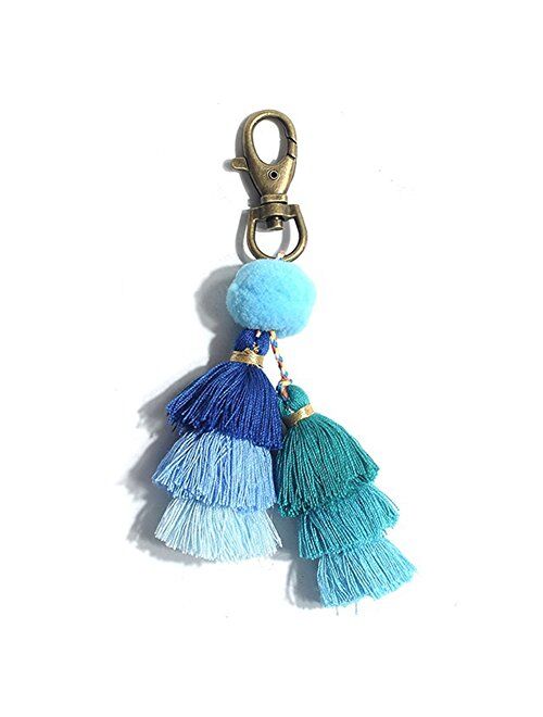 Pom Pom Tassel Keychain for Women - Car Mirror Hanging Keyring Accessories, Bag Charm for Sisters, Friends, Kids