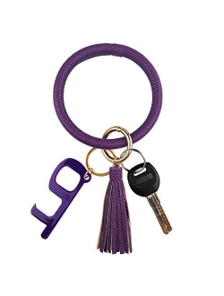 Leather Bracelet Key Ring Bangle Keyring, Tassel Ring Circle Key Ring Keychain Wristlet with No Touch Key Door Opener