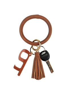 Leather Bracelet Key Ring Bangle Keyring, Tassel Ring Circle Key Ring Keychain Wristlet with No Touch Key Door Opener