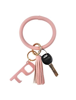 Leather Bracelet Key Ring Bangle Keyring, Tassel Ring Circle Key Ring Keychain Wristlet with No Touch Key Door Opener