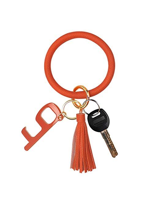 Leather Bracelet Key Ring Bangle Keyring, Tassel Ring Circle Key Ring Keychain Wristlet with No Touch Key Door Opener