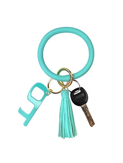 Leather Bracelet Key Ring Bangle Keyring, Tassel Ring Circle Key Ring Keychain Wristlet with No Touch Key Door Opener