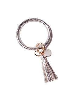 Lantintop Wristlet Keychain Bracelet Bangle Keyring Leather Round Tassel Keychain for Women Girl