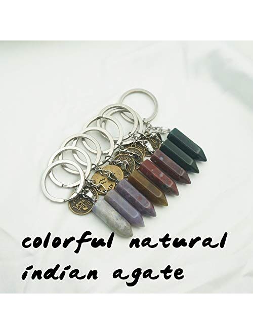 ZUOPIPI Zodiac Crystal Stone Keychain Natural Rose Stone/Red Agate/Aventurine Healing Crystal Keychain