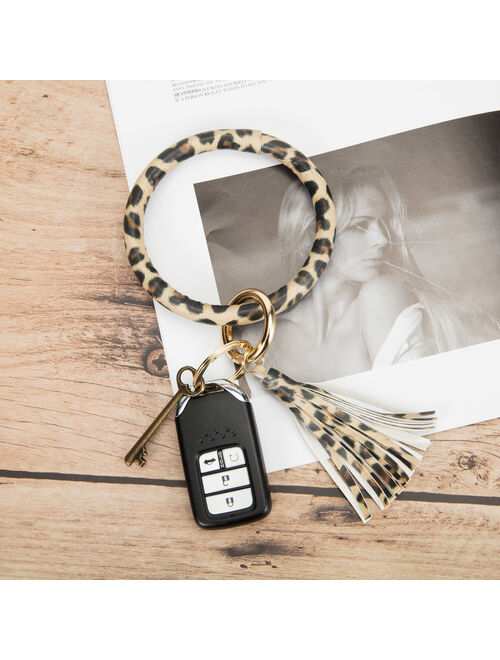 NK HOME Large Circle Key Ring Leather Tassel Bracelet Holder Wristlet Keychain Bracelet Bangle Keyring For Women Girl