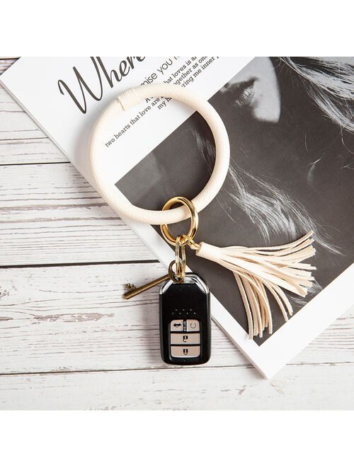 NK HOME Large Circle Key Ring Leather Tassel Bracelet Holder Wristlet Keychain Bracelet Bangle Keyring For Women Girl