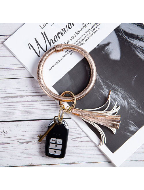 NK HOME Large Circle Key Ring Leather Tassel Bracelet Holder Wristlet Keychain Bracelet Bangle Keyring For Women Girl