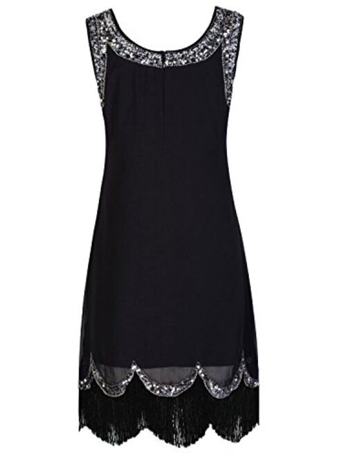 VIJIV Women's 1920s Vintage Embellished Sequin Beaded Flapper Evening Dress