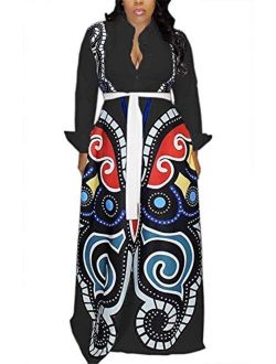 Women's African Print Deep V Neck 3/4 Sleeve High Slit Dashiki Long Maxi Dress