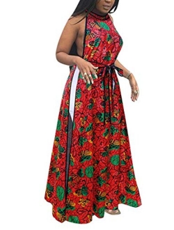 Women's African Print Deep V Neck 3/4 Sleeve High Slit Dashiki Long Maxi Dress