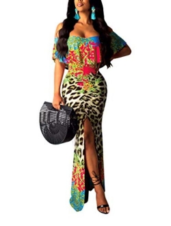 Women's African Print Deep V Neck 3/4 Sleeve High Slit Dashiki Long Maxi Dress