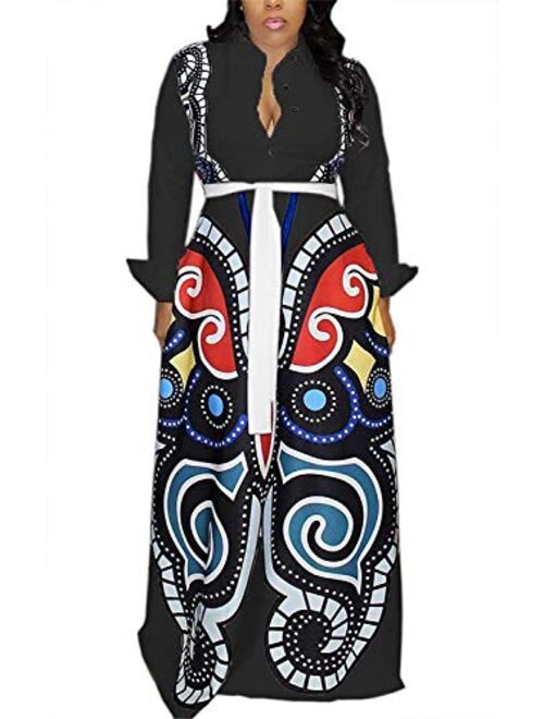 Aro Lora Women's African Print Deep V Neck 3/4 Sleeve High Slit Dashiki Long Maxi Dress