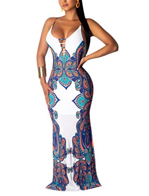 Aro Lora Women's African Print Deep V Neck 3/4 Sleeve High Slit Dashiki Long Maxi Dress