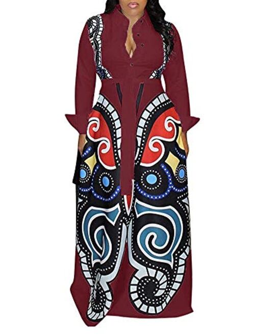 Aro Lora Women's African Print Deep V Neck 3/4 Sleeve High Slit Dashiki Long Maxi Dress