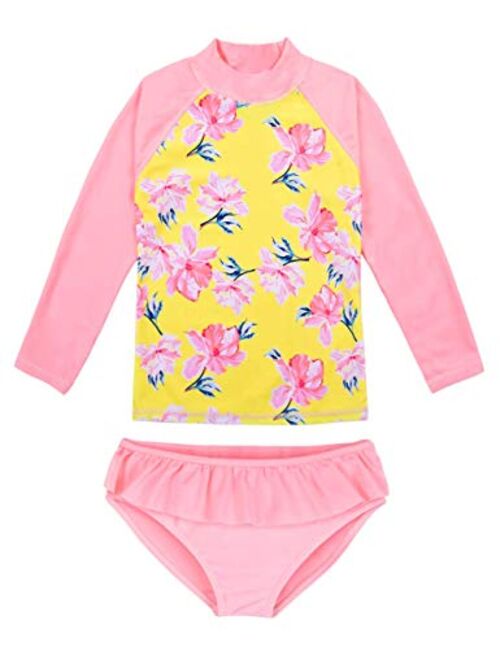 Hilor Girl's Two Piece Swimsuits Long Sleeves Rashguard UPF 50+ Tankini Set Bathing Suits