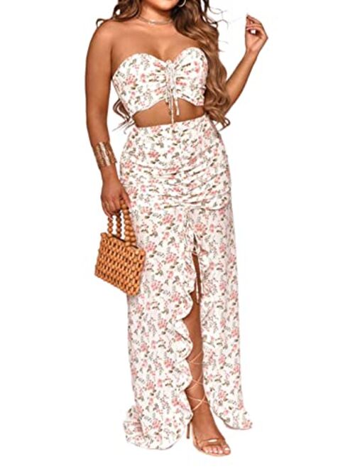 Aro Lora Women's Sexy Off Shoulder Floral Printed Side Slit Two