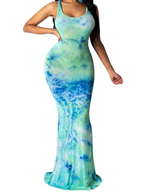 Aro Lora Women's Sexy Floral Print Sleeveless Boho Beach Long Maxi Party Bodycon Dresses