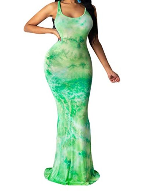 Aro Lora Women's Sexy Floral Print Sleeveless Boho Beach Long Maxi Party Bodycon Dresses