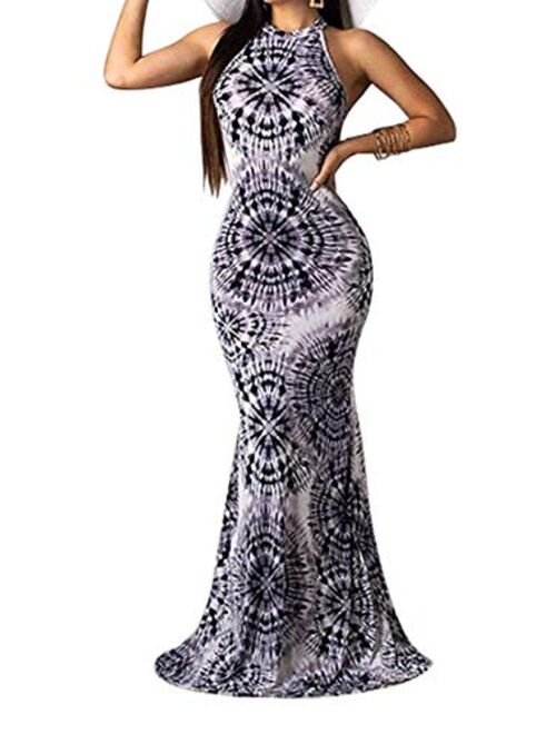 Aro Lora Women's Sexy Floral Print Sleeveless Boho Beach Long Maxi Party Bodycon Dresses