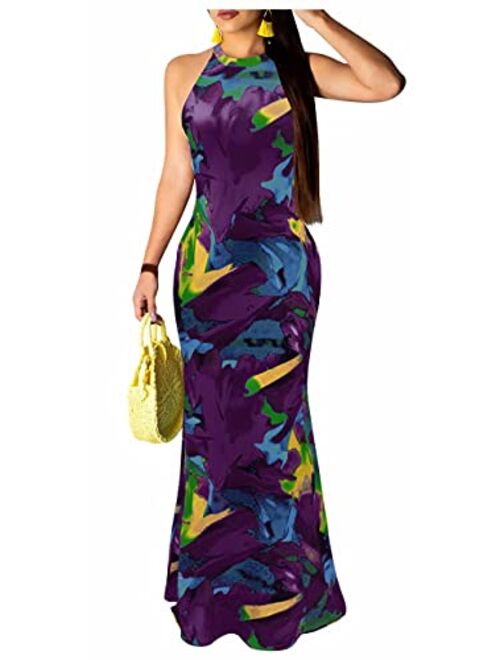 Aro Lora Women's Sexy Floral Print Sleeveless Boho Beach Long Maxi Party Bodycon Dresses