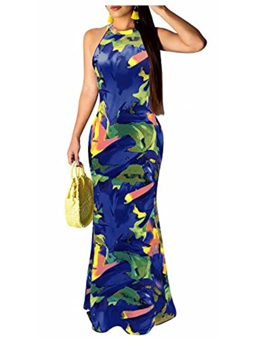 Aro Lora Women's Sexy Floral Print Sleeveless Boho Beach Long Maxi Party Bodycon Dresses