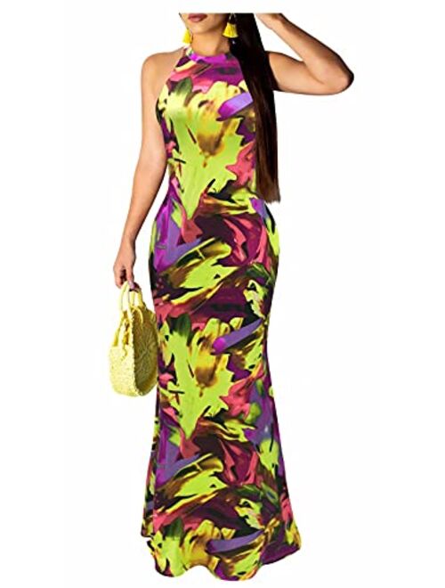 Aro Lora Women's Sexy Floral Print Sleeveless Boho Beach Long Maxi Party Bodycon Dresses