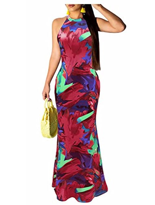 Aro Lora Women's Sexy Floral Print Sleeveless Boho Beach Long Maxi Party Bodycon Dresses