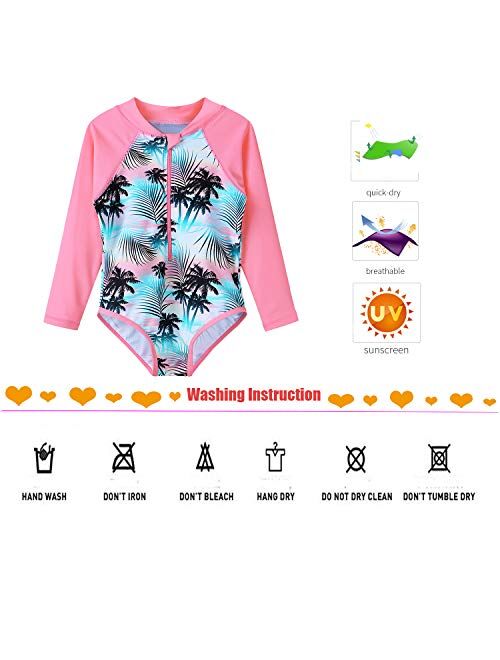 ZNYUNE Girls One Piece Rashguard Swimwear Long Sleeve Swim Suit with Zipper UPF 50+ Sun Protection