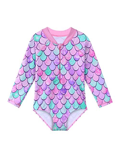 ZNYUNE Girls One Piece Rashguard Swimwear Long Sleeve Swim Suit with Zipper UPF 50+ Sun Protection