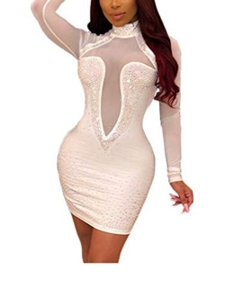 Women's Mesh Halter Hollow Out See-Through Hot Drilling Embllished Mini Club Dress