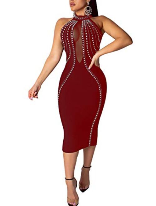 Aro Lora Women's Mesh Halter Hollow Out See-Through Hot Drilling Embllished  Mini Club Dress