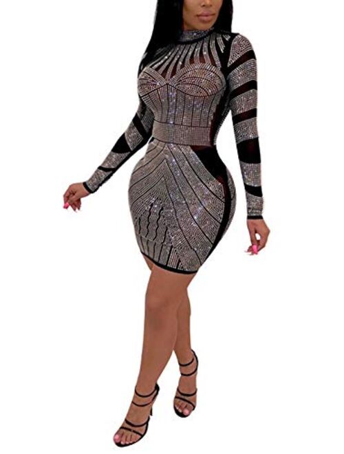 Aro Lora Women's Mesh Halter Hollow Out See-Through Hot Drilling Embllished  Mini Club Dress