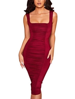 Yissang Women's Sexy Ruched Spaghetti Strap Sleeveless Bodycon Midi Long Party Club Dress