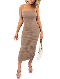 Yissang Women's Sexy Ruched Spaghetti Strap Sleeveless Bodycon Midi Long Party Club Dress