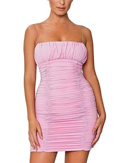 Yissang Women's Sexy Ruched Spaghetti Strap Sleeveless Bodycon Midi Long Party Club Dress