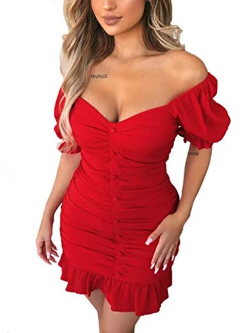 Yissang Women's Sexy Ruched Spaghetti Strap Sleeveless Bodycon Midi Long Party Club Dress